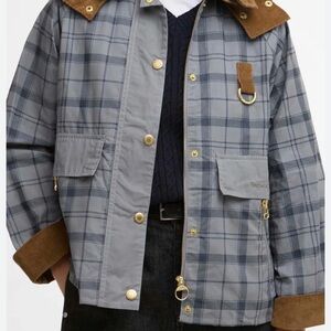 Anthropologie Gray Plaid Military Field Jacket with Brown Trim